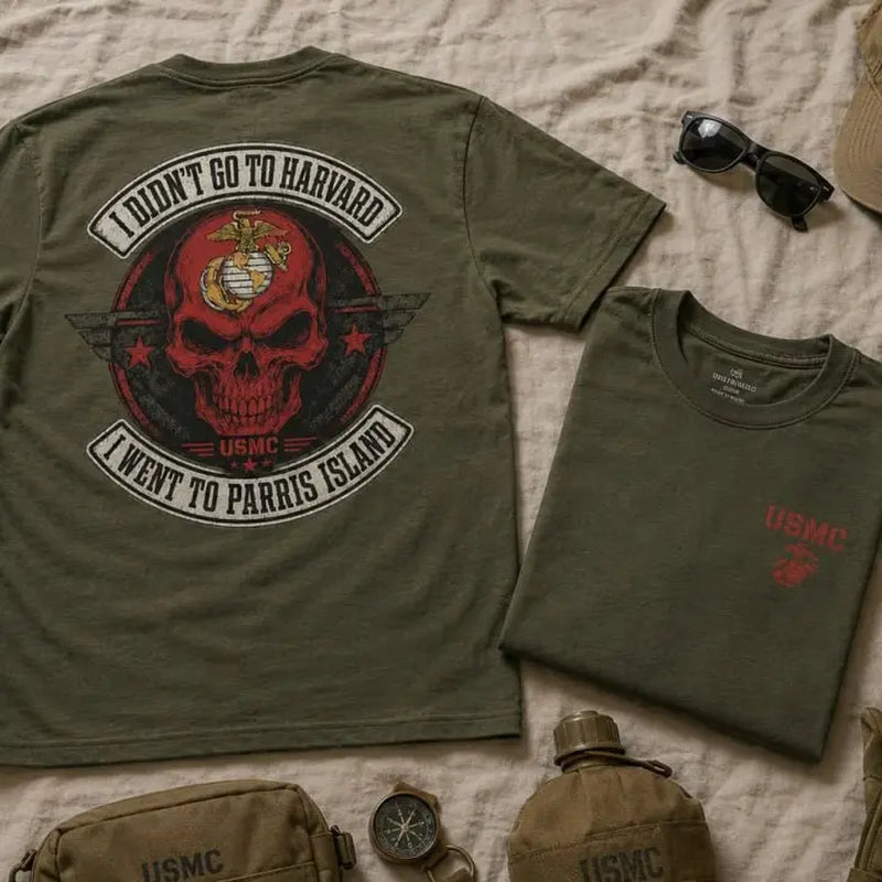 USMC Parris Island Shirt, I Didn’T Go to Harvard Marine Corps Graphic Tee, Vintage Skull Military T-Shirt, Marine Veteran Gift