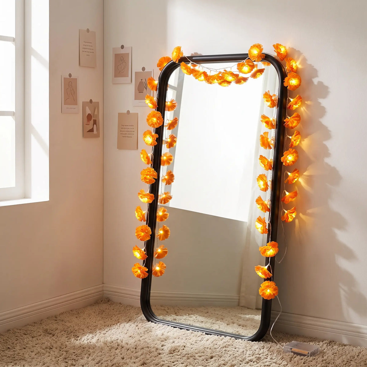 【Summerween】118.11In 20LED Marigold Artificial Flower String Lights, Boho-Style Warm White Fairy Lights with Realistic Petals, Battery Powered with Timer Function for Diwali, Weddings, Home Decor &amp; Party Props