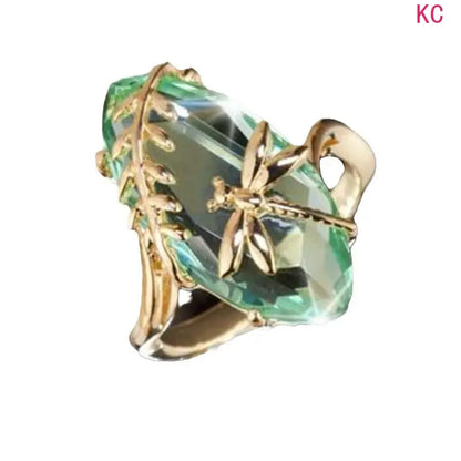 18K Gold Plated Dragonfly Ring with Olive Green Stone, Creative Finger Jewelry for European American Daily Styling