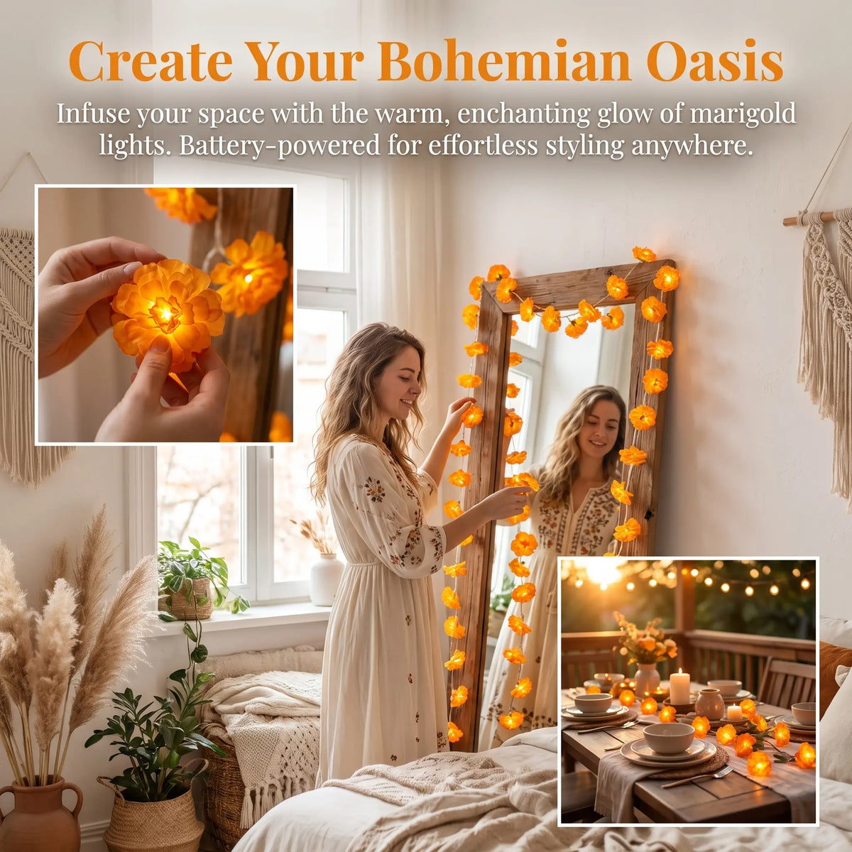 【Summerween】118.11In 20LED Marigold Artificial Flower String Lights, Boho-Style Warm White Fairy Lights with Realistic Petals, Battery Powered with Timer Function for Diwali, Weddings, Home Decor &amp; Party Props