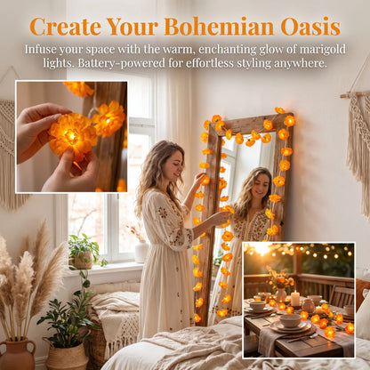 【Summerween】118.11In 20LED Marigold Artificial Flower String Lights, Boho-Style Warm White Fairy Lights with Realistic Petals, Battery Powered with Timer Function for Diwali, Weddings, Home Decor &amp; Party Props