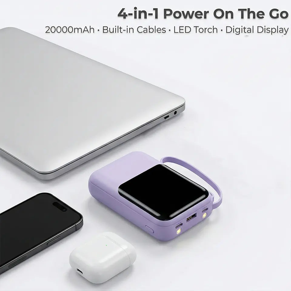 20000Mah Portable Power Bank (Portable Charger) with Built-In 4 Retractable Cables, LED Digital Display, Dual USB Output, LED Light Flashlight, Lanyard, Micro Plug for Mobile Devices, Iphone, Android Smartphones &amp; Electronics (Device Protection Included)