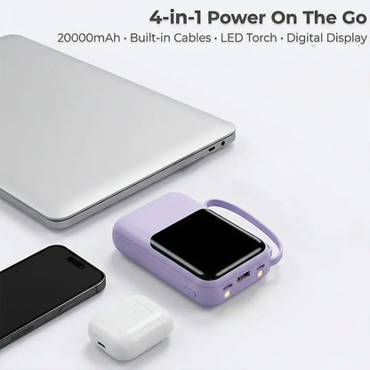 20000Mah Portable Power Bank (Portable Charger) with Built-In 4 Retractable Cables, LED Digital Display, Dual USB Output, LED Light Flashlight, Lanyard, Micro Plug for Mobile Devices, Iphone, Android Smartphones &amp; Electronics (Device Protection Included)