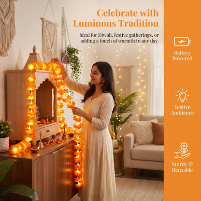 【Summerween】118.11In 20LED Marigold Artificial Flower String Lights, Boho-Style Warm White Fairy Lights with Realistic Petals, Battery Powered with Timer Function for Diwali, Weddings, Home Decor &amp; Party Props