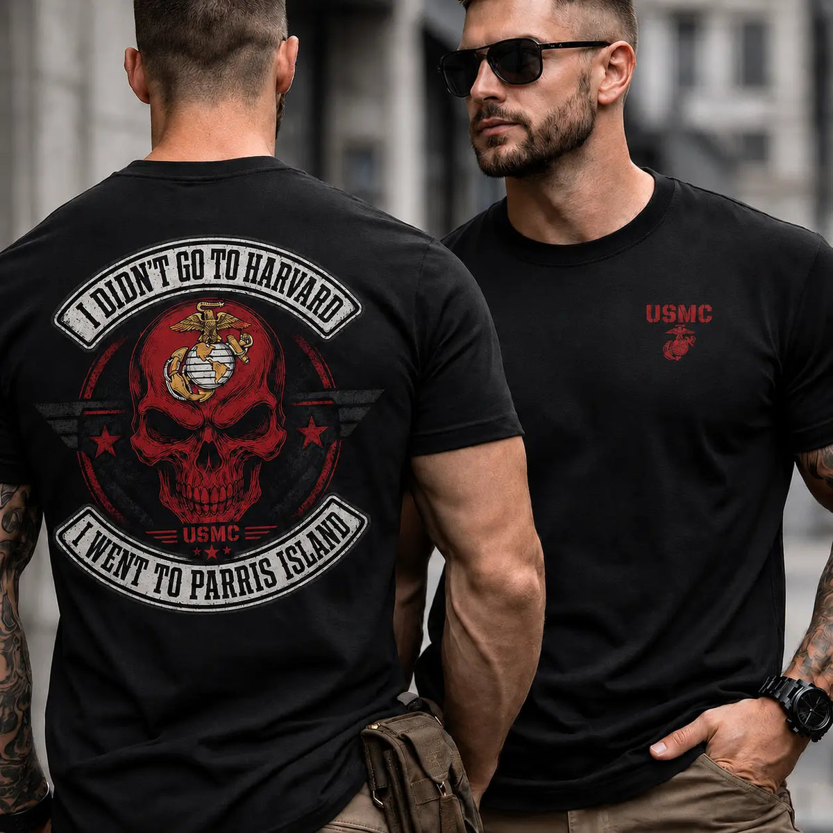 USMC Parris Island Shirt, I Didn’T Go to Harvard Marine Corps Graphic Tee, Vintage Skull Military T-Shirt, Marine Veteran Gift