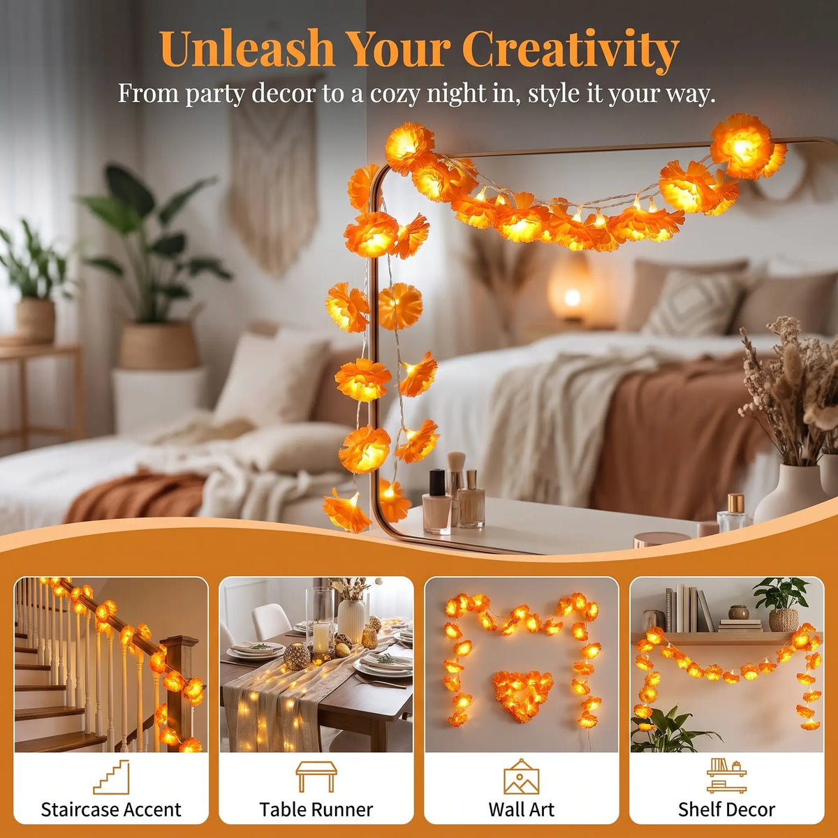 【Summerween】118.11In 20LED Marigold Artificial Flower String Lights, Boho-Style Warm White Fairy Lights with Realistic Petals, Battery Powered with Timer Function for Diwali, Weddings, Home Decor &amp; Party Props