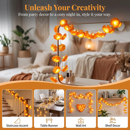 【Summerween】118.11In 20LED Marigold Artificial Flower String Lights, Boho-Style Warm White Fairy Lights with Realistic Petals, Battery Powered with Timer Function for Diwali, Weddings, Home Decor &amp; Party Props