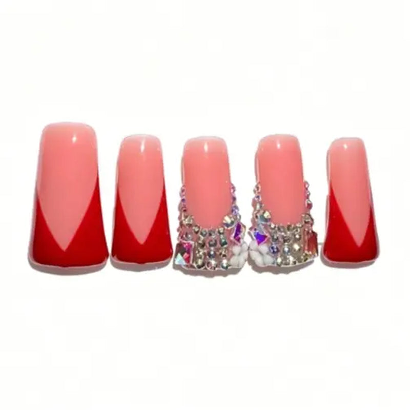 Long Duckbill Couture Drop Collection Handmade Acrylic Press on Nails - 10PCS Reusable Salon Grade Relief Sculpture 3D Flower Rhinestone Luxury Manicure 