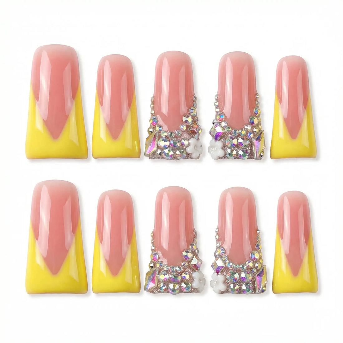 Long Duckbill Couture Drop Collection Handmade Acrylic Press on Nails - 10PCS Reusable Salon Grade Relief Sculpture 3D Flower Rhinestone Luxury Manicure 