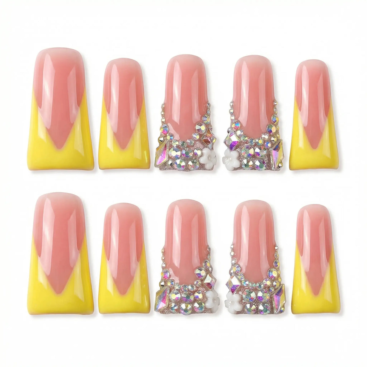 Long Duckbill Couture Drop Collection Handmade Acrylic Press on Nails - 10PCS Reusable Salon Grade Relief Sculpture 3D Flower Rhinestone Luxury Manicure 