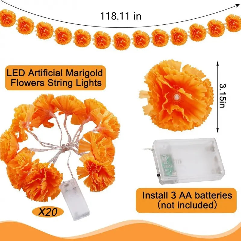 【Summerween】118.11In 20LED Marigold Artificial Flower String Lights, Boho-Style Warm White Fairy Lights with Realistic Petals, Battery Powered with Timer Function for Diwali, Weddings, Home Decor &amp; Party Props