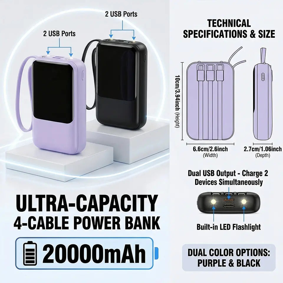 20000Mah Portable Power Bank (Portable Charger) with Built-In 4 Retractable Cables, LED Digital Display, Dual USB Output, LED Light Flashlight, Lanyard, Micro Plug for Mobile Devices, Iphone, Android Smartphones &amp; Electronics (Device Protection Included)