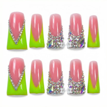 Long Duckbill Couture Drop Collection Handmade Acrylic Press on Nails - 10PCS Reusable Salon Grade Relief Sculpture 3D Flower Rhinestone Luxury Manicure 