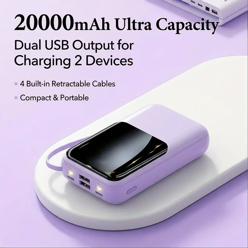 20000Mah Portable Power Bank (Portable Charger) with Built-In 4 Retractable Cables, LED Digital Display, Dual USB Output, LED Light Flashlight, Lanyard, Micro Plug for Mobile Devices, Iphone, Android Smartphones &amp; Electronics (Device Protection Included)