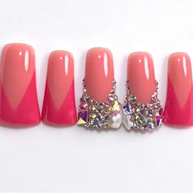 Long Duckbill Couture Drop Collection Handmade Acrylic Press on Nails - 10PCS Reusable Salon Grade Relief Sculpture 3D Flower Rhinestone Luxury Manicure 