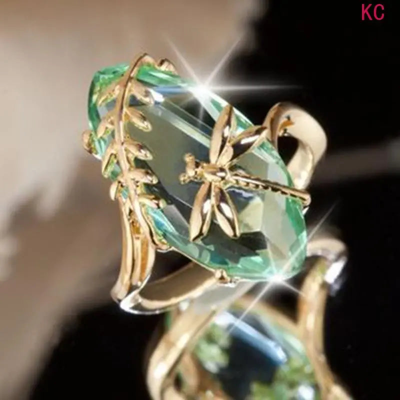 18K Gold Plated Dragonfly Ring with Olive Green Stone, Creative Finger Jewelry for European American Daily Styling
