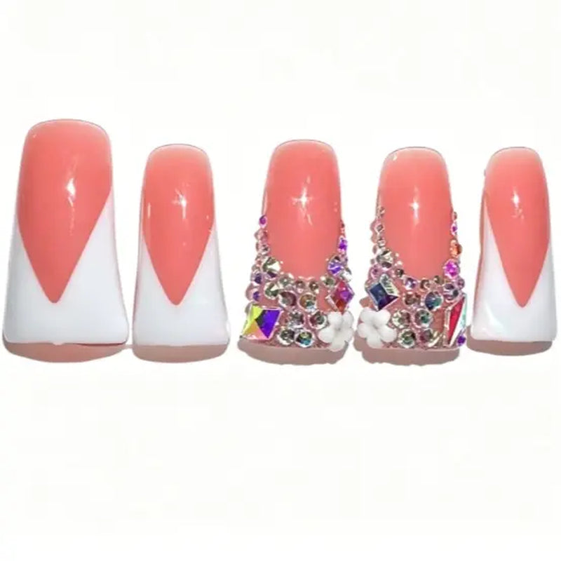 Long Duckbill Couture Drop Collection Handmade Acrylic Press on Nails - 10PCS Reusable Salon Grade Relief Sculpture 3D Flower Rhinestone Luxury Manicure 