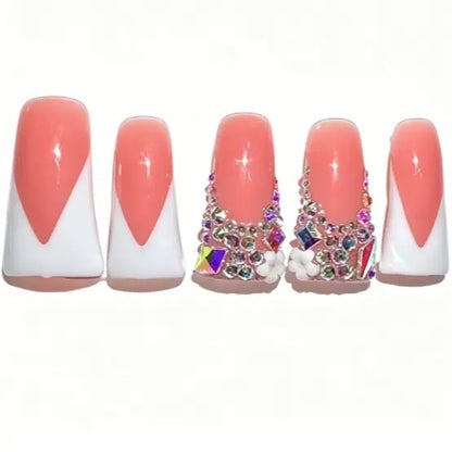 Long Duckbill Couture Drop Collection Handmade Acrylic Press on Nails - 10PCS Reusable Salon Grade Relief Sculpture 3D Flower Rhinestone Luxury Manicure 