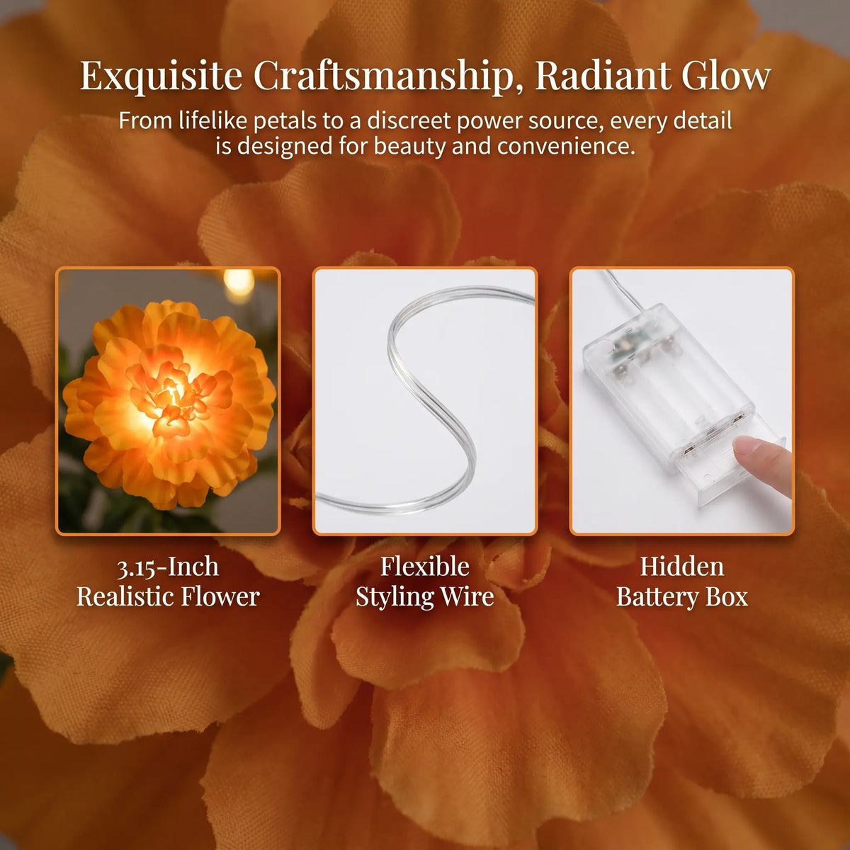 【Summerween】118.11In 20LED Marigold Artificial Flower String Lights, Boho-Style Warm White Fairy Lights with Realistic Petals, Battery Powered with Timer Function for Diwali, Weddings, Home Decor &amp; Party Props