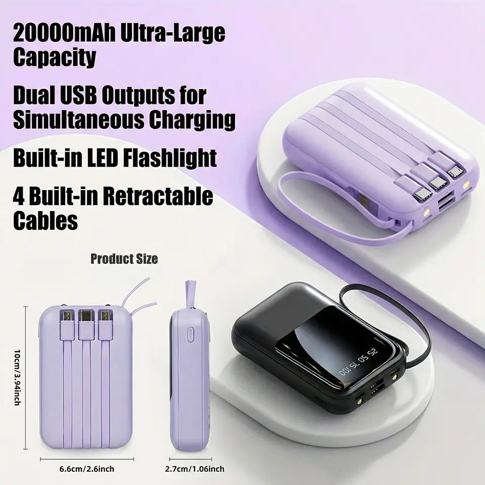 20000Mah Portable Power Bank (Portable Charger) with Built-In 4 Retractable Cables, LED Digital Display, Dual USB Output, LED Light Flashlight, Lanyard, Micro Plug for Mobile Devices, Iphone, Android Smartphones &amp; Electronics (Device Protection Included)