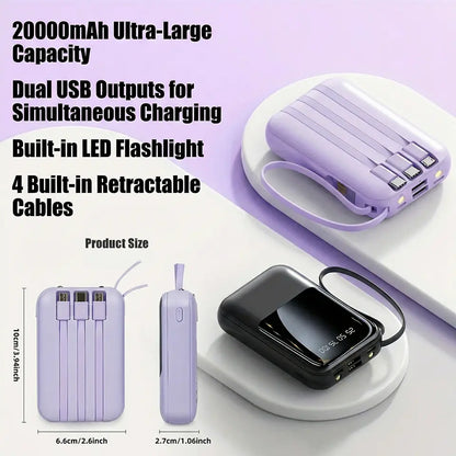 20000Mah Portable Power Bank (Portable Charger) with Built-In 4 Retractable Cables, LED Digital Display, Dual USB Output, LED Light Flashlight, Lanyard, Micro Plug for Mobile Devices, Iphone, Android Smartphones &amp; Electronics (Device Protection Included)