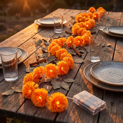 【Summerween】118.11In 20LED Marigold Artificial Flower String Lights, Boho-Style Warm White Fairy Lights with Realistic Petals, Battery Powered with Timer Function for Diwali, Weddings, Home Decor &amp; Party Props