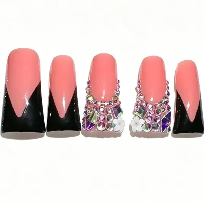 Long Duckbill Couture Drop Collection Handmade Acrylic Press on Nails - 10PCS Reusable Salon Grade Relief Sculpture 3D Flower Rhinestone Luxury Manicure 