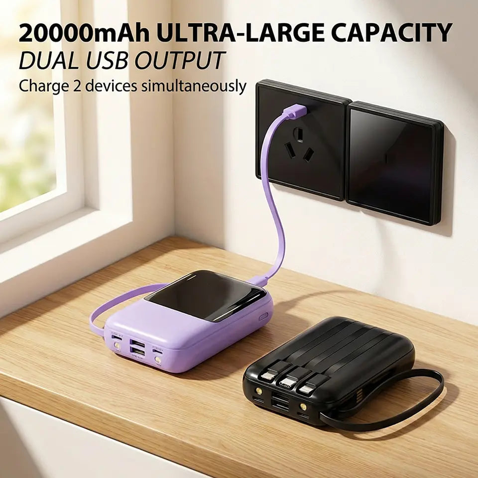 20000Mah Portable Power Bank (Portable Charger) with Built-In 4 Retractable Cables, LED Digital Display, Dual USB Output, LED Light Flashlight, Lanyard, Micro Plug for Mobile Devices, Iphone, Android Smartphones &amp; Electronics (Device Protection Included)